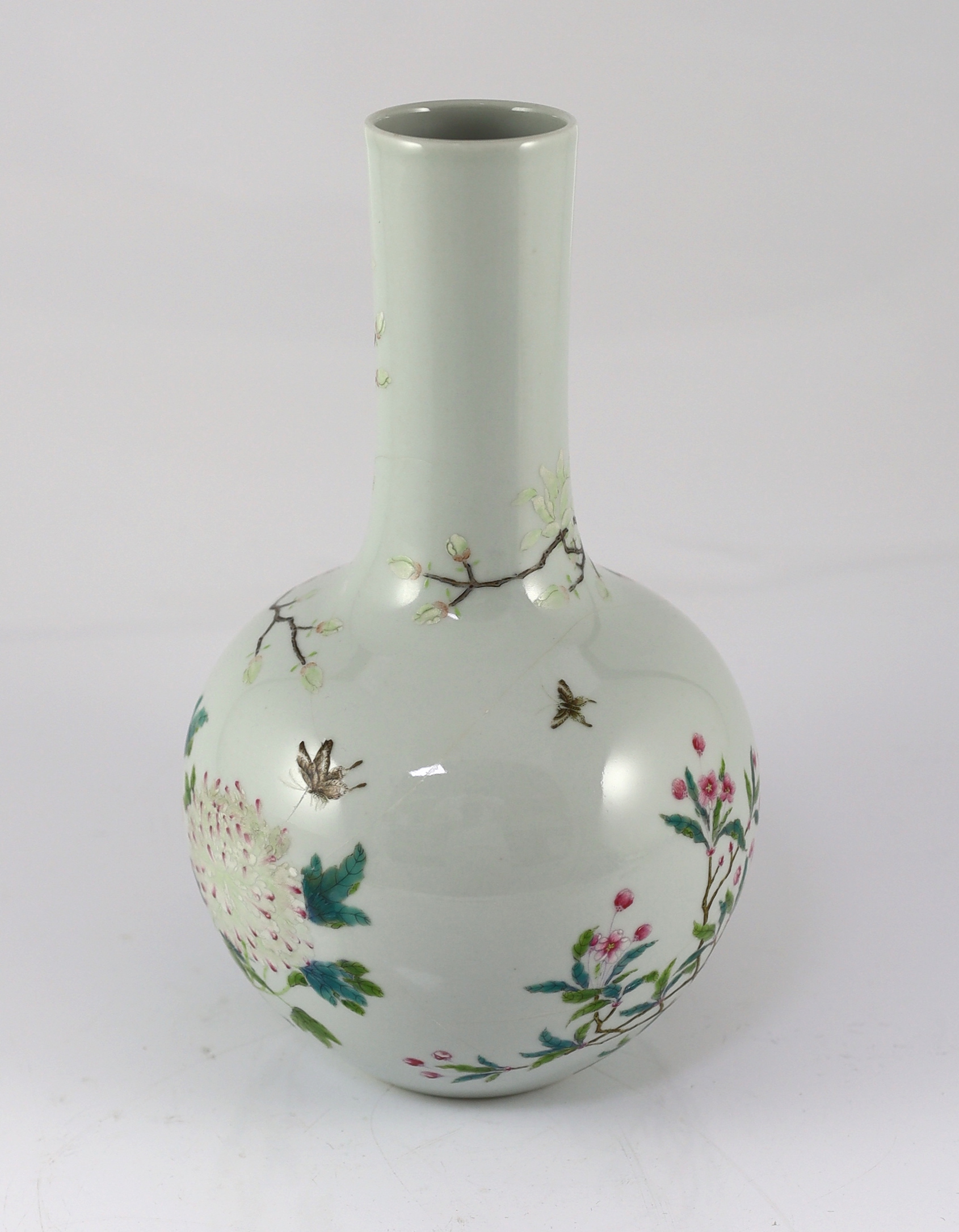 A Chinese famille rose bottle vase, tianqiuping, Qianlong seal mark but Republic period